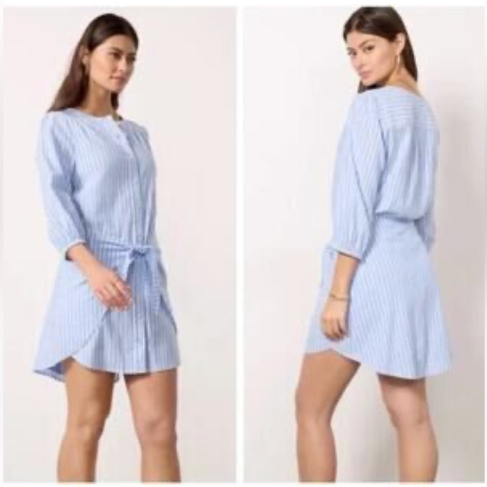 EVEREVE XS  Maisy Blue White Striped Tie Waist Button Down Dress